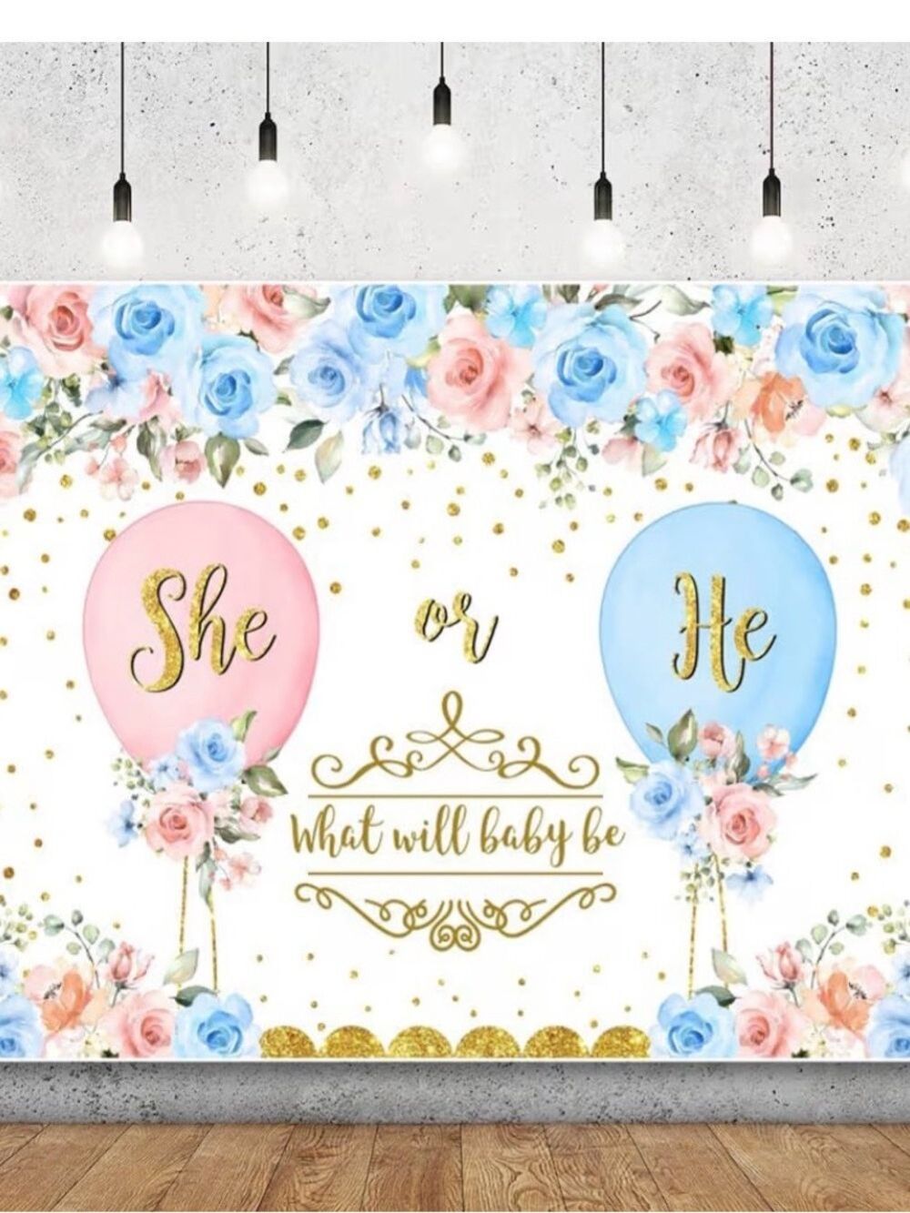 Gender Reveal Backdrop Banner Pink Blue Floral She or He 7x5ft